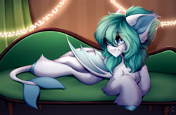 Size: 4500x2951 | Tagged: safe, artist:shinoshai, imported from derpibooru, oc, oc only, oc:spicy mint, bat pony, original species, pony, shark, shark pony, couch, female, solo, string lights