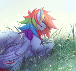 Size: 2653x2488 | Tagged: safe, artist:1an1, imported from derpibooru, rainbow dash, pegasus, pony, backwards cutie mark, crying, cutie mark, emotional, emotions, eyes closed, female, grass, high res, imminent crying, lying down, mixed emotions, mixed expressions, prone, smiling, solo, tears of joy, updated image