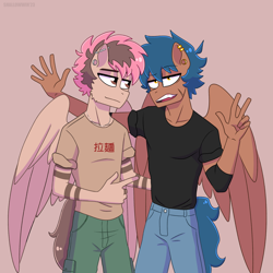 Size: 2048x2048 | Tagged: safe, artist:shallowwin, imported from derpibooru, oc, oc:shallow win, anthro, pegasus, anthro oc, clothes, duo, ear piercing, folded wings, gay, male, piercing, ponysona, scar, stallion, wings