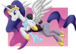 Size: 1063x752 | Tagged: safe, artist:demosense, imported from derpibooru, rarity, alicorn, alicornified, anatomically incorrect, breasts, clothes, crown, female, flying, jetpack, jewelry, leggings, leotard, misplaced boobs, princess rarity, race swap, raricorn, regalia, scarf, smiling, solo, spread wings, wings, wrong cutie mark