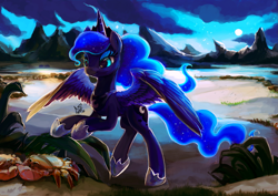 Size: 2283x1614 | Tagged: safe, artist:eiolf, imported from derpibooru, princess luna, alicorn, crab, pony, beach, cloud, crown, ethereal mane, female, galaxy mane, hoof shoes, horn, jewelry, mare, moon, mountain, night, painting, princess shoes, regalia, smiling, solo, spread wings, starry mane, starry tail, tail, wings