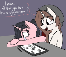 Size: 1320x1149 | Tagged: safe, artist:pinkberry, imported from derpibooru, oc, oc only, oc:mae (pinkberry), oc:mocha bean macchiato, pony, unicorn, beanie, colored sketch, crying, dialogue, doodle, drawing tablet, duo, female, hat, horn, mare, older, open mouth, sketch, talking, unicorn oc