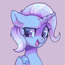 Size: 1600x1600 | Tagged: safe, artist:horseyuris, imported from derpibooru, trixie, pony, unicorn, bust, commission, cute, diatrixes, dreamworks face, female, hoof on chest, looking at you, mare, open mouth, open smile, pink background, simple background, smiling, smiling at you, solo, unshorn fetlocks