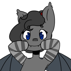 Size: 600x600 | Tagged: safe, artist:alyssa, imported from derpibooru, oc, oc only, oc:sonia star song, bat pony, pony, bat pony oc, bat wings, blue eyes, clothes, cute, cute little fangs, ear fluff, fangs, female, forced smile, gray coat, happy, headband, mare, ponytail, simple background, smiling, socks, spread wings, striped socks, transparent background, wings
