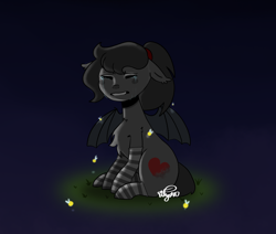 Size: 1558x1321 | Tagged: safe, artist:alyssa, imported from derpibooru, oc, oc only, oc:sonia star song, bat pony, firefly (insect), insect, pony, bat pony oc, bat wings, chest fluff, clothes, crying, depressed, ear fluff, eyes closed, fangs, female, floppy ears, grass, mare, ponytail, sad, sitting, socks, solo, spread wings, striped socks, teary eyes, wings