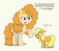 Size: 3145x2744 | Tagged: safe, artist:cyanrobo, imported from derpibooru, applejack, pear butter, earth pony, pony, angry, dialogue, duo, duo female, female, filly, filly applejack, flower, flower in hair, foal, high res, mare, mother and child, mother and daughter, sad, simple background, teary eyes, white background, younger