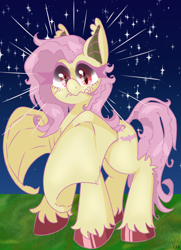 Size: 1000x1385 | Tagged: safe, artist:pagophasia, derpibooru exclusive, imported from derpibooru, fluttershy, bat pony, pony, bat ears, bat ponified, bat wings, blushing, colored hooves, cutie mark eyes, emanata, eye reflection, female, flutterbat, frown, full body, grass, impossibly long eyelashes, looking at you, mare, messy mane, messy tail, night, race swap, reflection, slit pupils, solo, stare, stars, tail, the stare, unshorn fetlocks, wingding eyes, wings
