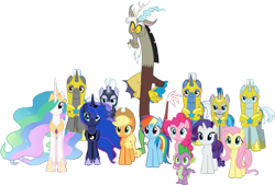 Size: 1087x735 | Tagged: safe, artist:pascalmulokozi2, edit, edited screencap, imported from derpibooru, screencap, applejack, discord, fluttershy, pinkie pie, princess celestia, princess luna, rainbow dash, rarity, spike, alicorn, draconequus, dragon, earth pony, pegasus, pony, unicorn, the ending of the end, armor, background removed, female, male, mane five, mare, not a vector, royal guard, simple background, stallion, transparent background, unicorn royal guard, winged spike, wings