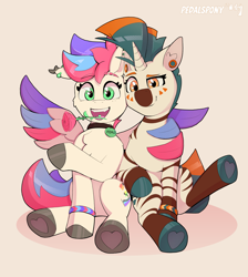 Size: 3400x3800 | Tagged: safe, artist:pedalspony, imported from derpibooru, oc, oc:pedals, oc:psi, hybrid, pegasus, pony, unicorn, zebra, zony, bracelet, coat markings, collar, colored hooves, cute, duo, ear piercing, facial markings, feather, female, flower, gauges, happy, hoof heart, hooves, hug, hybrid oc, jewelry, looking at you, male, mare, married, mouth hold, not zipp storm, open mouth, open smile, pegasus oc, piercing, rose, screentone, simple background, smiling, smug, socks (coat markings), stallion, stripes, tail, tongue out, tongue piercing, underhoof, white background, wing hold, winghug, wings