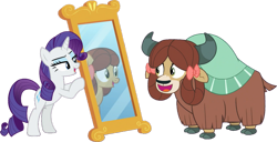 Size: 1251x639 | Tagged: safe, artist:pascalmulokozi2, edit, edited screencap, imported from derpibooru, screencap, rarity, yona, earth pony, pony, unicorn, yak, she's all yak, background removed, bipedal, bow, cloven hooves, duo, duo female, female, mare, mirror, not a vector, ponified, pony yona, reflection, simple background, species swap, transparent background
