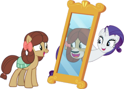 Size: 1053x759 | Tagged: safe, artist:pascalmulokozi2, edit, edited screencap, imported from derpibooru, screencap, rarity, yona, earth pony, pony, unicorn, yak, she's all yak, background removed, bow, duo, female, mare, mirror, not a vector, ponified, pony yona, reflection, simple background, species swap, transparent background
