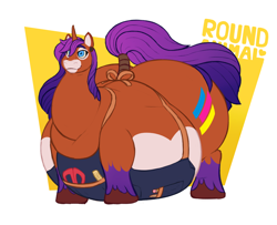 Size: 1398x1134 | Tagged: safe, artist:roundanimal, imported from derpibooru, oc, oc only, oc:toner press, pony, unicorn, abstract background, apron, belly, big belly, clothes, coat markings, fat, flabby chest, horn, huge belly, huge butt, large butt, male, smiling, socks (coat markings), solo, unicorn oc, unshorn fetlocks, wide hips