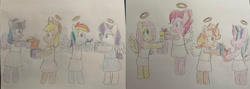 Size: 1280x455 | Tagged: safe, artist:powerpup97, imported from derpibooru, applejack, fluttershy, pinkie pie, rainbow dash, rarity, starlight glimmer, sunset shimmer, twilight sparkle, angel, angel rarity, flying, halo, happy, present, shoulder angel, traditional art