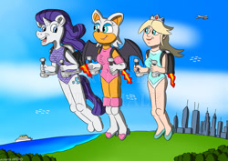 Size: 1063x752 | Tagged: safe, artist:zoronel98ufficiale, edit, imported from derpibooru, rarity, anthro, bat, human, unicorn, boat, breasts, city, clothes, cloud, female, floating, flying, happy, jetpack, leotard, looking at each other, looking at someone, open mouth, plane, princess rosalina, rosalina, rouge the bat, sky, sky background, smiling, sonic the hedgehog (series), super mario bros., trio, trio female