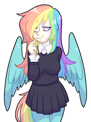 Size: 797x1070 | Tagged: safe, artist:/d/non, imported from derpibooru, oc, oc only, oc:prism, satyr, clothes, looking away, multicolored hair, offspring, parent:rainbow dash, rainbow hair, school uniform, simple background, smiling, solo, transparent background, wings