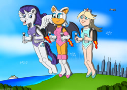 Size: 1063x752 | Tagged: safe, artist:zoronel98ufficiale, imported from derpibooru, rarity, alicorn, anthro, bat, human, alicornified, boat, breasts, city, clothes, cloud, female, floating, flying, happy, jetpack, lake, leotard, looking at each other, looking at someone, open mouth, plane, princess rosalina, race swap, raricorn, rosalina, rouge the bat, sky, sky background, smiling, smiling at each other, sonic the hedgehog (series), super mario bros., trio, trio female, water