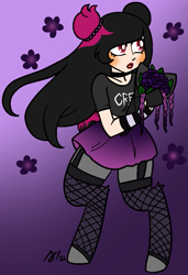 Size: 683x1000 | Tagged: safe, artist:/d/non, imported from derpibooru, oc, oc only, oc:hiki, satyr, arm warmers, blushing, bouquet of flowers, choker, clothes, flower, garter belt, goth, gradient background, hair up, offspring, parent:oc:miss eri, purple background, skirt, stockings, thigh highs