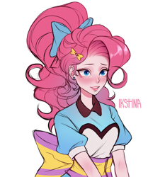 Size: 3508x3757 | Tagged: safe, artist:ikstina, imported from derpibooru, pinkie pie, human, equestria girls, blue eyes, blushing, clothes, colored sketch, cute, dress, ear piercing, earring, jewelry, partial color, piercing, server pinkie pie, simple background, solo, waitress, white background, wip