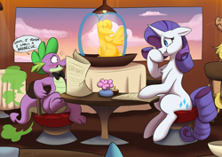Size: 2500x1771 | Tagged: safe, artist:thedoggygal, imported from derpibooru, rarity, spike, dragon, unicorn, awkward moment, bad timing, commission, date, embarrassed, fart, fountain, gas, leaning, menu, raised leg, raised tail, reference, restaurant, smelly, spyro the dragon, spyro the dragon (series), tail, video game