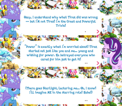 Size: 2048x1775 | Tagged: safe, imported from derpibooru, starlight glimmer, trixie, pony, unicorn, brooch, cape, clothes, dialogue, dialogue box, english, event, female, gameloft, hat, horn, implied lord tirek, jewelry, mare, mobile game, my little pony: magic princess, official, speech bubble, trixie's cape, trixie's hat