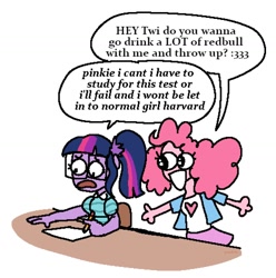 Size: 1494x1506 | Tagged: safe, artist:punkittdev, imported from derpibooru, pinkie pie, sci-twi, twilight sparkle, human, equestria girls, ask, distressed, duo, duo female, female, funny, happy, harvard, humanized, pencil, pinkie being pinkie, redbull, simple background, speech bubble, text, white background