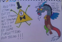 Size: 1024x710 | Tagged: safe, artist:rainbowratart, imported from derpibooru, discord, draconequus, the return of harmony, bill cipher, bowtie, crayon drawing, crossed arms, crossover, dialogue, drawing, duo, exclamation point, gravity falls, hat, male, one eyed, spoilers for another series, top hat, traditional art, triangle