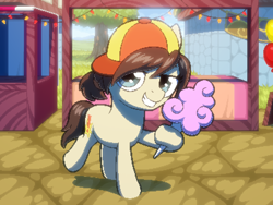 Size: 800x600 | Tagged: safe, artist:rangelost, imported from derpibooru, oc, oc only, oc:tattle tail, earth pony, pony, cyoa:d20 pony, cap, cotton candy, cyoa, earth pony oc, hat, looking at you, market, offscreen character, pixel art, raised hoof, solo, stall, story included