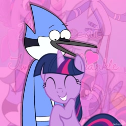 Size: 1438x1438 | Tagged: safe, artist:faze-alan-mskull2019, artist:fazealan_mskull, imported from derpibooru, twilight sparkle, bird, blue jay, pony, unicorn, ^^, crossover, crossover shipping, cute, eyes closed, female, hug, male, mare, mordecai, mordetwi, regular show, shipping, smiling, straight, twiabetes