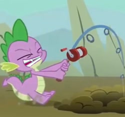 Size: 1788x1663 | Tagged: safe, edit, edited screencap, imported from derpibooru, screencap, spike, dragon, a dog and pony show, cropped, dragging, fishing rod, gritted teeth, smiling, solo, teeth