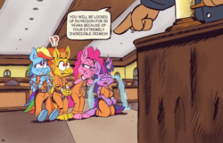 Size: 1810x1156 | Tagged: safe, artist:bimbeaver27, imported from derpibooru, pinkie pie, rainbow dash, spitfire, twilight sparkle, anthro, 50, bound wings, chains, clothes, commission, commissioner:rainbowdash69, courtroom, covering mouth, crying, crylight sparkle, cuffed, cuffs, exclamation point, horn, horn ring, interrobang, jumpsuit, kneeling, laughing, never doubt rainbowdash69's involvement, ocular gushers, paws, prison outfit, prisoner pp, prisoner rd, prisoner ts, question mark, ring, sad, wings