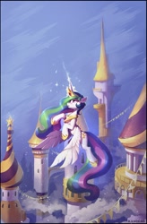Size: 1924x2941 | Tagged: safe, artist:ramiras, imported from derpibooru, princess celestia, alicorn, pony, canterlot, castle, crown, fanfic, fanfic art, fanfic cover, female, flying, glowing, glowing horn, high res, hoof shoes, horn, jewelry, magic, magic aura, mare, peytral, regalia, solo, spread wings, wings