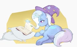 Size: 967x588 | Tagged: safe, artist:dundundun, imported from derpibooru, trixie, pony, unicorn, butt, clothes, female, glowing, glowing horn, hat, horn, large butt, lying down, magic, magic aura, mare, on side, pillow, plot, reading, simple background, solo, telekinesis, the great and powerful ass, thighs, thunder thighs, trixie's hat, underhoof, yellow background