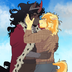 Size: 2000x2000 | Tagged: safe, artist:ghoulhowls, imported from derpibooru, braeburn, king sombra, anthro, clothes, cloud, embrace, gay, looking at each other, looking at someone, male, shipping, simple background, smiling, sombraeburn