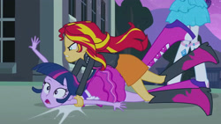 Size: 3072x1727 | Tagged: safe, imported from derpibooru, screencap, rarity, sunset shimmer, twilight sparkle, human, equestria girls, equestria girls (movie), bare shoulders, boots, canterlot high, clothes, dress, duo focus, fall formal outfits, female, jacket, leather, leather jacket, legs, night, offscreen character, open mouth, out of context, pictures of legs, shoes, sleeveless, sleeveless dress, strapless, touching arm, twilight ball dress