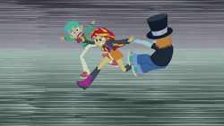 Size: 3072x1727 | Tagged: safe, imported from derpibooru, screencap, snails, snips, sunset shimmer, human, equestria girls, equestria girls (movie), boots, clothes, cutie mark on clothes, female, hat, jacket, leather, leather jacket, male, open mouth, shoes, top hat, trio