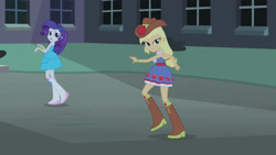 Size: 3072x1727 | Tagged: safe, imported from derpibooru, screencap, applejack, rarity, human, equestria girls, equestria girls (movie), bare shoulders, boots, canterlot high, cowboy boots, cowboy hat, duo, duo female, fall formal outfits, female, frown, hat, open mouth, shoes, sleeveless, strapless