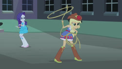Size: 3072x1727 | Tagged: safe, imported from derpibooru, screencap, applejack, rarity, human, equestria girls, equestria girls (movie), bare shoulders, boots, canterlot high, clothes, cowboy boots, cowboy hat, dress, duo, duo female, fall formal outfits, female, frown, hat, lasso, rope, shoes, sleeveless, sleeveless dress, strapless
