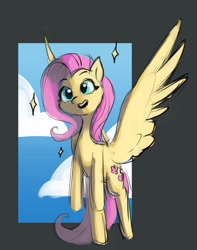 Size: 659x835 | Tagged: safe, artist:haku nichiya, imported from derpibooru, fluttershy, pegasus, pony, cloud, flying, open mouth, open smile, sky, smiling, solo, sparkles, spread wings, wings