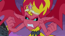 Size: 3072x1727 | Tagged: safe, imported from derpibooru, screencap, sunset shimmer, human, equestria girls, equestria girls (movie), big crown thingy, canterlot high, element of magic, female, flying, jewelry, night, regalia, solo, spread wings, sunset satan, wings