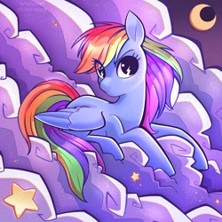 Size: 2500x2501 | Tagged: safe, artist:syrupyyy, imported from derpibooru, rainbow dash, pegasus, pony, cloud, crescent moon, female, high res, lying down, mare, moon, night, prone, solo, stars, wingding eyes, wings