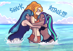 Size: 2893x2039 | Tagged: safe, artist:meliciamelano, imported from derpibooru, adagio dazzle, aria blaze, sonata dusk, human, equestria girls, adagio dazzle is not amused, angry, ariabetes, beach, belly, belly button, bikini, clothes, cloud, cute, dark skin, detailed background, female, hug, human coloration, light skin, ocean, one-piece swimsuit, sibling love, siblings, sisterly love, sisters, sky, slim, smiling, sonatabetes, swimsuit, text, the dazzlings, thin, trio, unamused, water