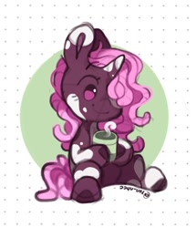 Size: 1032x1200 | Tagged: safe, artist:yun_nhee, idw, imported from derpibooru, pony, unicorn, spoiler:comic, spoiler:g5comic, spoiler:g5comic14, coat markings, cute, dreadlocks, drink, g5, mug, simple background, smiling, solo, steam, violette rainbow, violettebetes, vitiligo