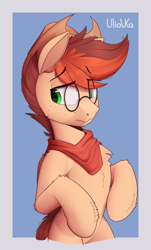 Size: 1209x2000 | Tagged: safe, artist:uliovka, imported from derpibooru, oc, oc only, oc:kayle rustone, pegasus, pony, bipedal, blue background, clothes, cowboy hat, glasses, hat, male, pegasus oc, scarf, simple background, solo
