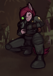 Size: 2039x2893 | Tagged: safe, artist:meliciamelano, imported from derpibooru, pinkie pie, anthro, earth pony, plantigrade anthro, aiming, alternate timeline, apinkalypse pie, apocalypse, armor, blood, boots, crystal war timeline, gun, looking at you, pinkamena diane pie, rifle, shoes, sniper, solo, weapon
