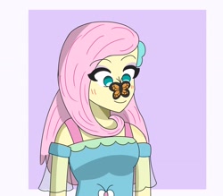 Size: 3200x2808 | Tagged: safe, artist:doggorob, imported from derpibooru, fluttershy, butterfly, human, equestria girls, blushing, butterfly on nose, clothes, female, insect on nose, pink hair, simple background, solo