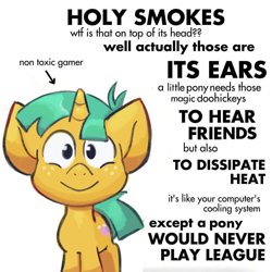 Size: 1080x1080 | Tagged: safe, artist:kukie, imported from derpibooru, snails, pony, unicorn, arrow, colt, cute, diasnails, foal, freckles, horn, looking at you, male, meme, ponified meme, simple background, smiling, solo, text, white background