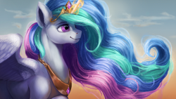 Size: 1920x1080 | Tagged: safe, artist:camyllea, imported from derpibooru, princess celestia, alicorn, pony, crown, female, glowing, glowing horn, horn, jewelry, lacrimal caruncle, magic, mare, peytral, regalia, smiling, solo, spread wings, sternocleidomastoid, technical advanced, wings