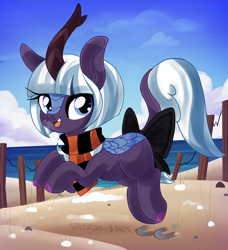 Size: 2260x2479 | Tagged: safe, artist:spookyle, imported from derpibooru, oc, oc only, oc:moonlit breeze, kirin, beach, bow, clothes, cloud, female, kirin oc, scarf, sky, solo, striped scarf, tail, tail bow, water, winter