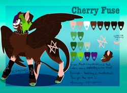 Size: 2048x1496 | Tagged: safe, artist:inisealga, imported from derpibooru, oc, oc only, oc:cherry fuse, pony, succubus, coat markings, colored pupils, cutie mark, devil tail, dyed mane, facial markings, female, looking at you, mare, reference sheet, smiling, smiling at you, socks (coat markings), spread wings, tail, wings