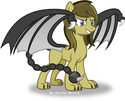 Size: 3761x3049 | Tagged: safe, artist:vector-brony, imported from derpibooru, oc, oc:brass, hybrid, pony, fallout equestria, fallout equestria: project horizons, bat wings, blue eyes, fanfic art, fangs, female, hybrid oc, mare, project chimera, simple background, smiling, tail, transparent background, vector, wings